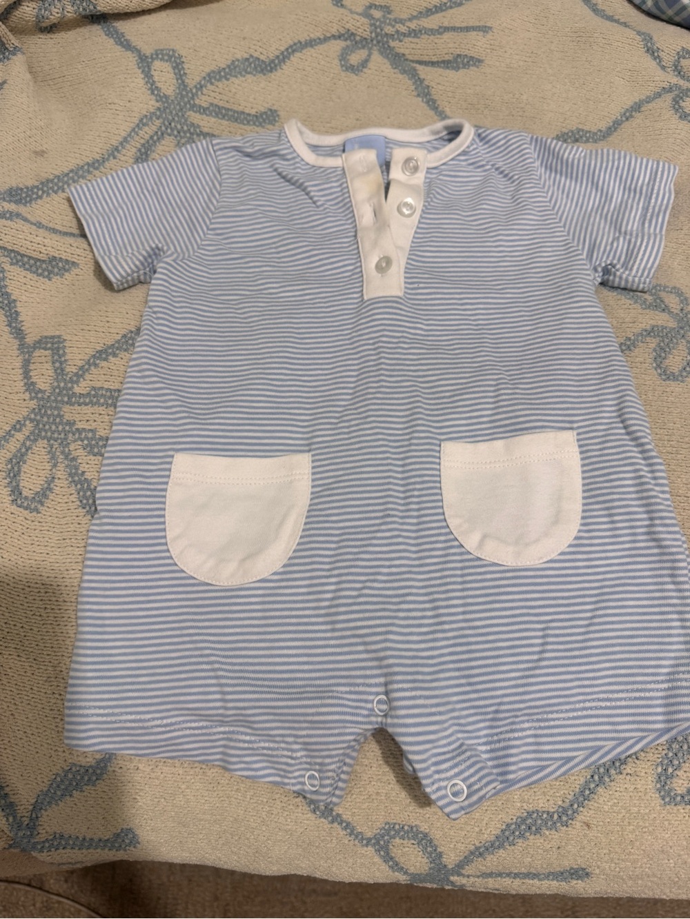 Baby Boys' Blue Stripe Short Romper with White Pockets